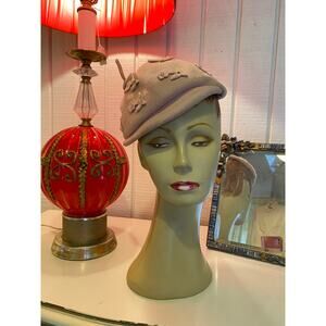 1940s blush pink beret wool felt applique flowers pearls rhinestones avant garde